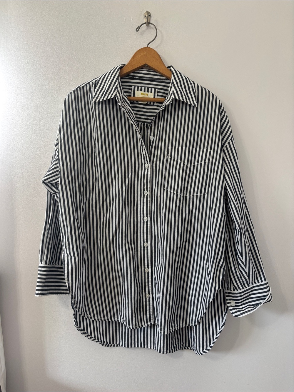 Maeve by Anthropology Oversized Gray and White Vertical Stripe Button-Down Shirt